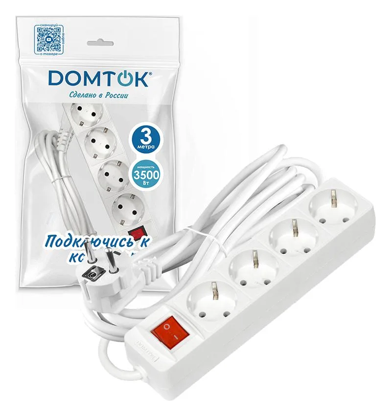 Удлинитель 4х3х16А IP20 3х1 с выкл. бел. DOMTOK 2499