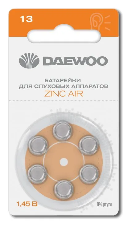 Элемент питания воздушно-цинковый ZA13/PR48 1.45В BL-6 (блист.6шт) для слуховых аппаратов DAEWOO 5060371