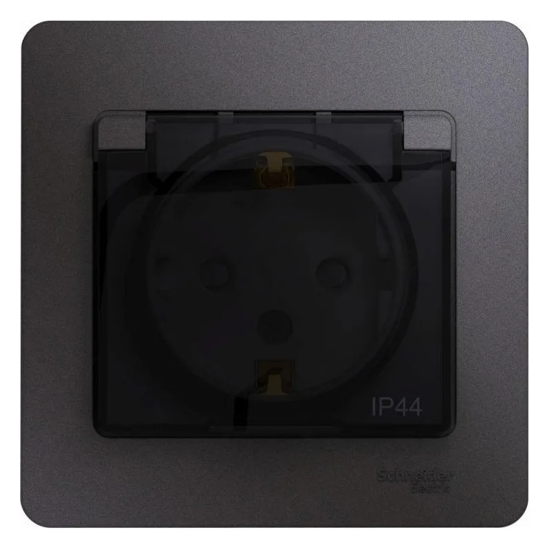 Розетка 1-м СП Glossa 16А IP44 250В с заземл. защ. шторки с крышкой в сборе графит SE GSL001348