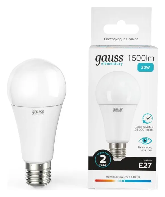 Лампа светодиодная Elementary 20Вт A60 грушевидная 4100К нейтр. бел. E27 1600лм GAUSS 23229