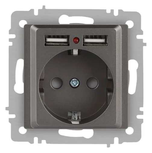 Розетка 1-м СП Accent 6-410-09 16А IP20 250В P+E Schuko + 2хUSB защ. шторки титан Intro Б0063711