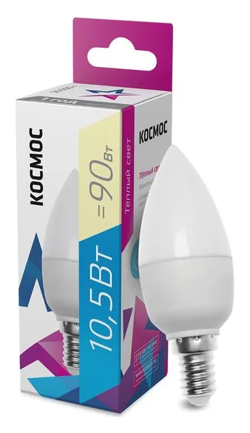 Лампа светодиодная 10.5Вт свеча 3000К тепл. бел. E14 220В КОСМОС LkecLED10.5wCNE1430