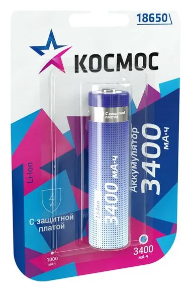 Аккумулятор Li-ion 18650 3400мА.ч с защитой (блист.1шт) Космос KOC18650Li-ion34PBL1