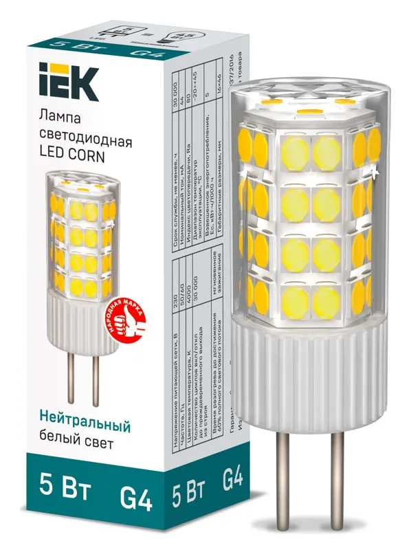 Лампа светодиодная Corn 5Вт капсульная 4000К нейтр. бел. G4 230В керамика IEK LLE-Corn-5-230-40-G4