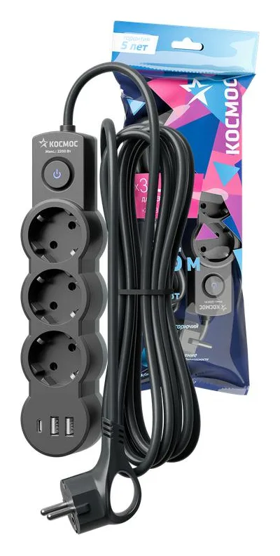 Удлинитель 3х1.5м с заземл. 10А IP20 USB 2800Вт 220В ПВС 3х1 с выкл. черн. КОСМОС YKsm1.5m3g-Z-VU10А-B