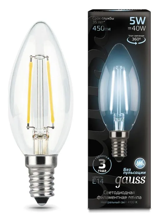 Лампа светодиодная филаментная Black Filament 5Вт свеча 4100К нейтр. бел. E14 450лм GAUSS 103801205