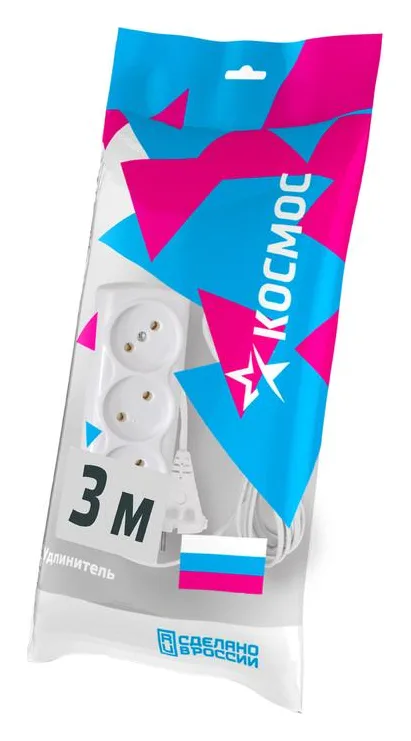 Удлинитель 3х3м 6А IP20 ПВС 2х0.75 КОСМОС YKsm3m-3g(6A)S