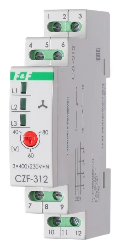 Реле контроля и наличия фаз CZF-312 (монтаж на DIN-рейке 35мм; регулировка порога; без задержки отключения; 3х400/230+N 2х8А 1Z 1R IP20) F&F EA04.001.007