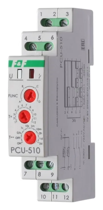 Реле времени PCU-510 2х8А 230В 2перекл. IP20 многофункц. монтаж на DIN-рейке F&F EA02.001.009