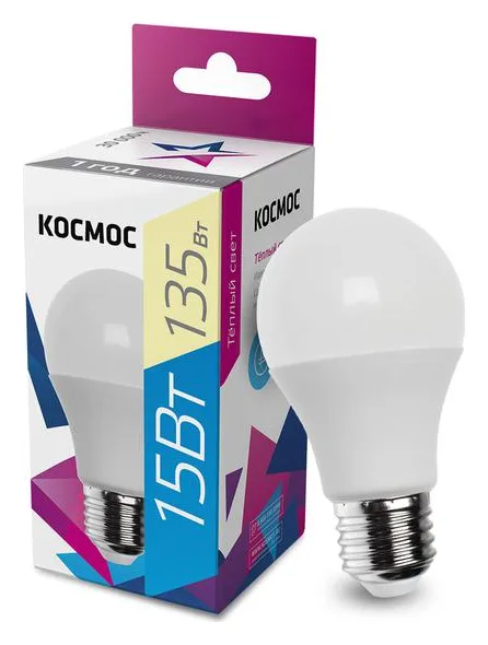 Лампа светодиодная A60 15Вт 3000К E27 220В КОСМОС LkecLED15wA60E2730