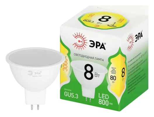 Лампа светодиодная GREEN LINE MR16-8W-830-GU5.3 GL 8Вт софит 3000К свет тепл. GU5.3 Эра Б0067082