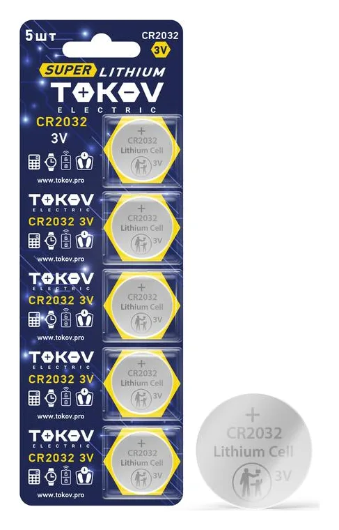 Элемент питания литиевый CR2032 таблетка (блистер 5шт) TOKOV ELECTRIC TKE-LI-CR2032/B5