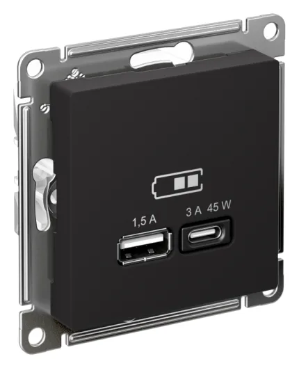 Розетка USB AtlasDesign тип A+C 45Вт QC PD высокоскор. ЗУ механизм карбон SE ATN001029