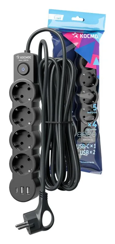 Удлинитель 4х5м с заземл. 10А IP20 USB type-Aх2 + type-C 2500Вт 220В ПВС 3х1 с выкл. черн. КОСМОС YKsm5m4g-Z-VU10А-B