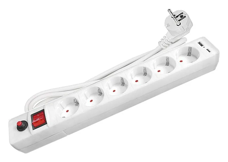 Удлинитель с сетевым фильтром 6х1.8м с заземл. 10А IP20 2.2кВт USB type-A + type-C ПВС 3х0.75 с выкл. бел. UNIVersal 2543