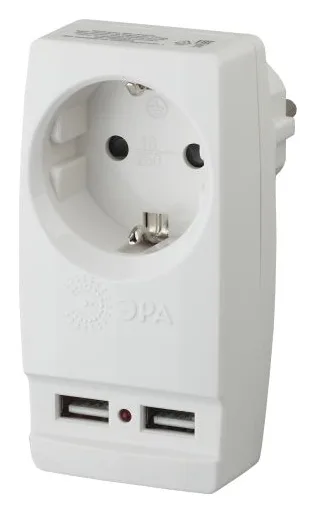 Адаптер 1-м с заземл. Polynom SP-1e-USB-W 220В 2хUSB 2100мА бел. Эра Б0026332
