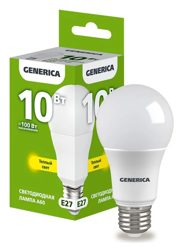 Лампа светодиодная A60 10Вт грушевидная 3000К E27 230В GENERICA LL-A60-10-230-30-E27-G