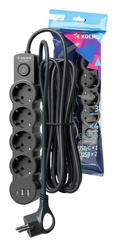 Удлинитель 4х3м с заземл. 10А IP20 USB type-Aх2 + type-C 2500Вт 220В ПВС 3х1 с выкл. черн. КОСМОС YKsm3m4g-Z-VU10А-B