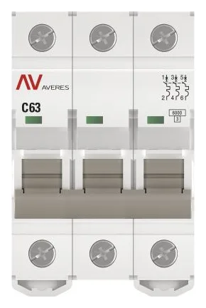 Выключатель автоматический модульный 3п C 63А 6кА AV-6 AVERES EKF mcb6-3-63C-av