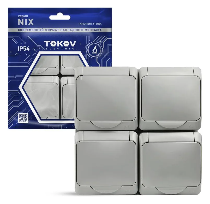 Розетка 4-м ОП Nix 16А IP54 250В с заземл. с крышкой сер. TOKOV ELECTRIC TKE-NX-R4Z-C06-IP54