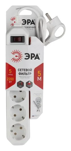 Удлинитель с сетевым фильтром 5х5м с заземл. 10А IP20 USF-5es-5m-W ПВС 3х0.75 с выкл. бел. Эра Б0019738