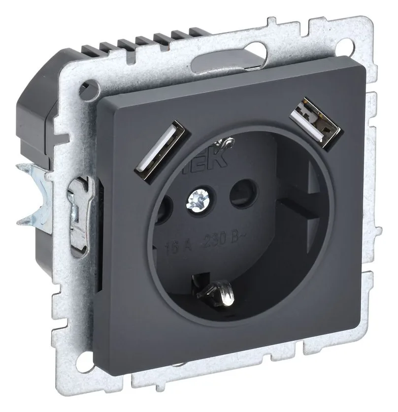 Розетка BRITE РЮш10-1-БрГ 16А с USB A+A 2.1А с заземл. защ. шторки механизм графит IEK BR-R14-16-U21-D21-K53