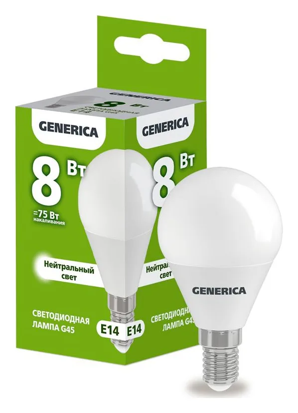 Лампа светодиодная G45 8Вт шар 4000К E14 230В GENERICA LL-G45-08-230-40-E14-G