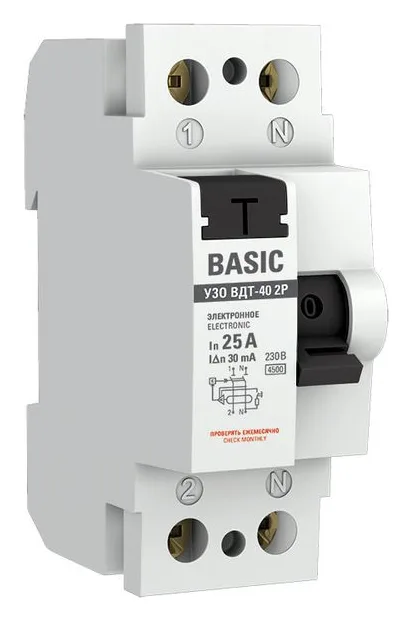 Выключатель дифференциального тока (УЗО) 2п 25А 30мА тип AC Basic электрон.EKF elcb-2-25-30e-sim