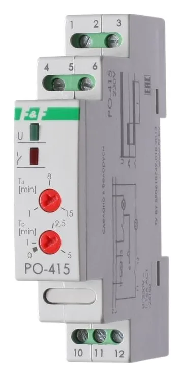 Реле времени PO-415 16А 230В 1 перекл. IP20 задержка выключ./управ. контактом монтаж на DIN-рейке F&F EA02.001.018