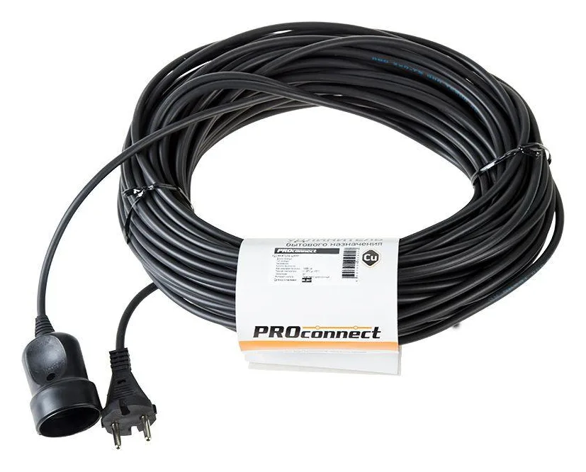Удлинитель-шнур 1х30м без заземл. 6А IP20 1.3кВт ПВС 2х0.75 черн. PROCONNECT 11-7116