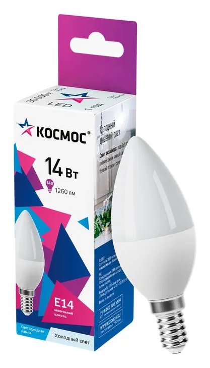 Лампа светодиодная 14Вт Свеча E14 6500К 174-265В КОСМОС LkecLED14wCNE1465
