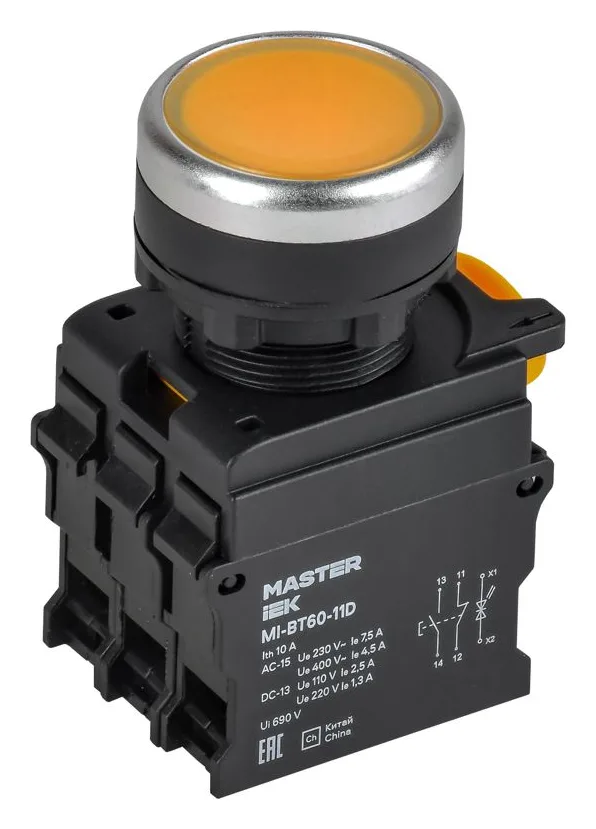 Кнопка d22мм 1НО+1НЗ MASTER с подсветкой желт. IEK MI-BT60-11D-3-12-K05