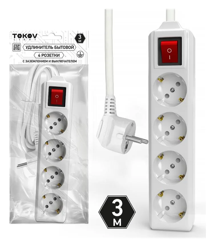 Удлинитель 4х3м с заземл. с выкл. 10А 3х1.5 TOKOV ELECTRIC TKL-C01-BU4-3-1.5-ZV