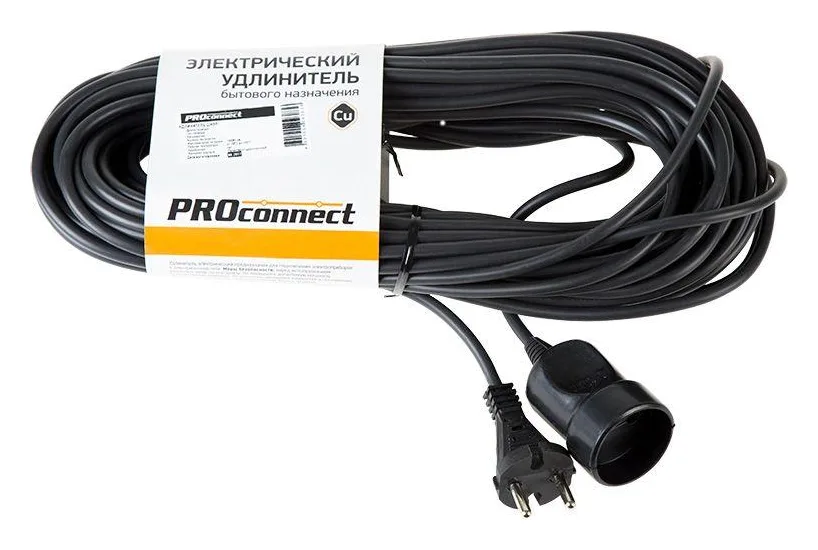 Удлинитель-шнур 1х20м без заземл. 6А IP20 1.3кВт ПВС 2х0.75 черн. PROCONNECT 11-7115