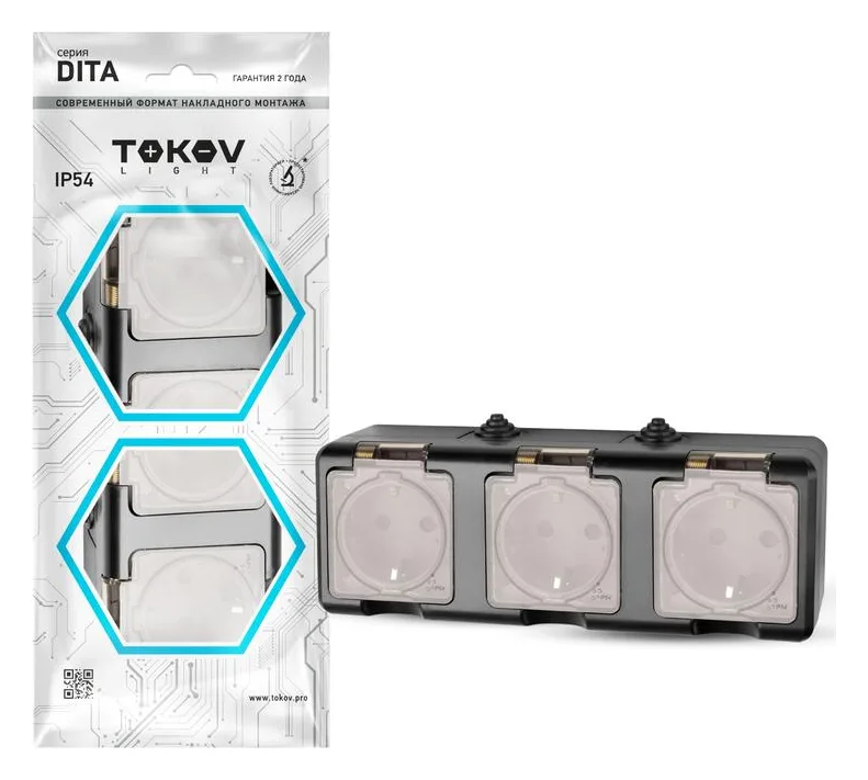 Розетка 3-м ОП Dita 16А IP54 250В с заземл. с прозр. крышкой карбонTOKOV ELECTRIC TKL-DT-R3Z-C14T-IP54