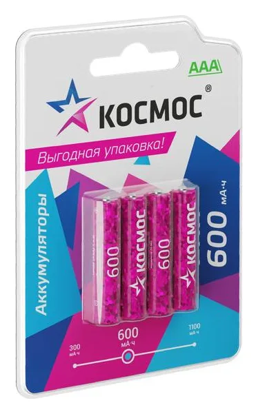 Аккумулятор AAA/R03 600мА.ч NI-MN BP-4 (блист.4шт) КОСМОС KOCR03NIMH600mAh4BL
