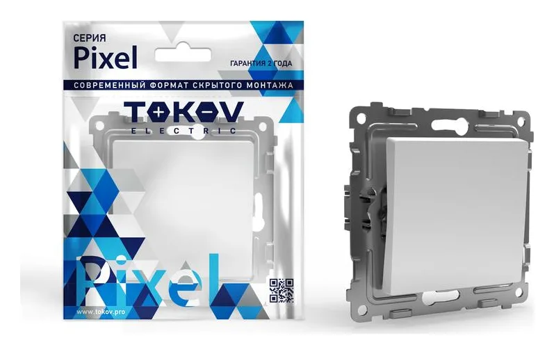 Переключатель проходной 1-кл. СП Pixel 10А IP20 механизм бел. TOKOV ELECTRIC TKE-PX-P1-C01