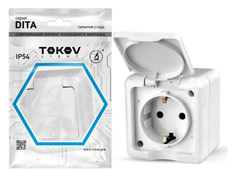 Розетка 1-м ОП Dita 16А IP54 250В с заземл. с крышкой бел. TOKOV ELECTRIC TKL-DT-R1Z-C01-IP54