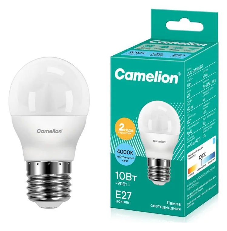 Лампа светодиодная LED10-G45/845/E27 10Вт шар матовая 4500К бел. E27 220В Camelion 13568