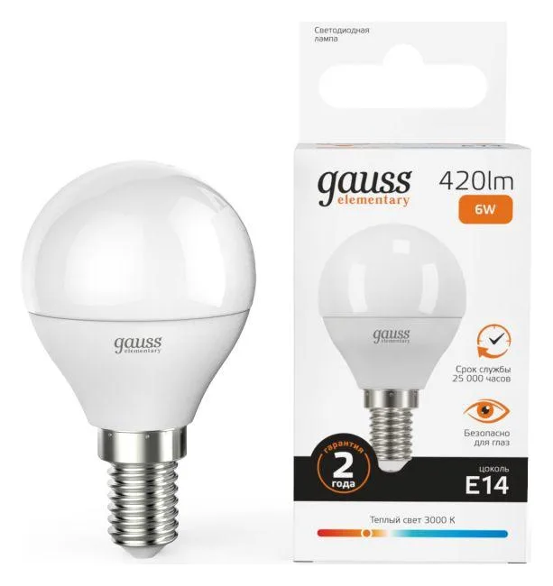 Лампа светодиодная Elementary 6Вт P45 шар 3000К тепл. бел. E14 420лм GAUSS 53116