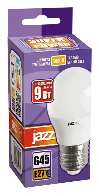 Лампа светодиодная PLED-SP 9Вт G45 шар 3000К тепл. бел. E27 820лм 230В JazzWay 2859631A