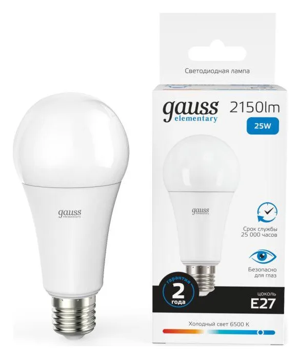 Лампа светодиодная Elementary 25Вт A70 грушевидная 6500К холод. бел. E27 2150лм GAUSS 73235