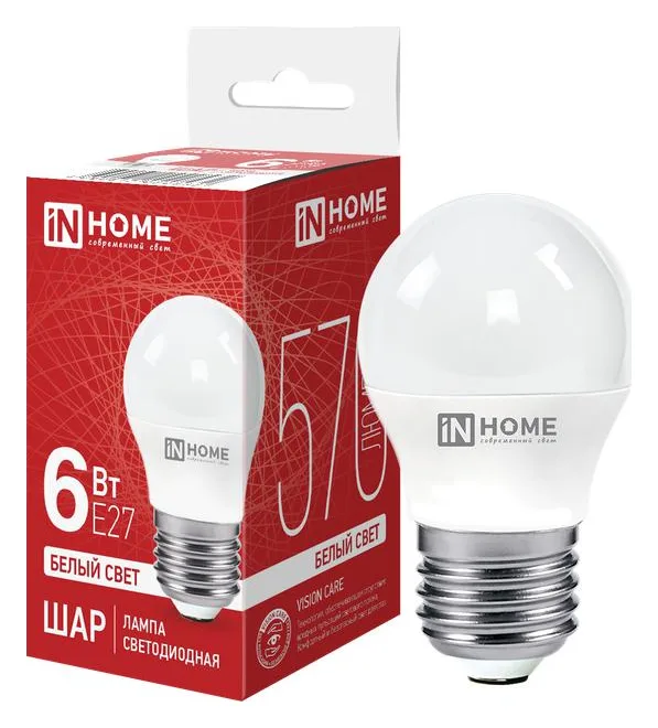 Лампа светодиодная LED-ШАР-VC 6Вт шар 4000К нейтр. бел. E27 570лм 230В IN HOME 4690612020532