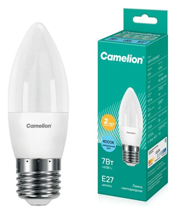 Лампа светодиодная LED7-C35/845/E27 7Вт свеча 4500К бел. E27 560лм 220В Camelion 12078