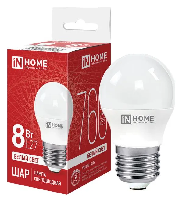 Лампа светодиодная LED-ШАР-VC 8Вт шар 4000К нейтр. бел. E27 760лм 230В IN HOME 4690612020570