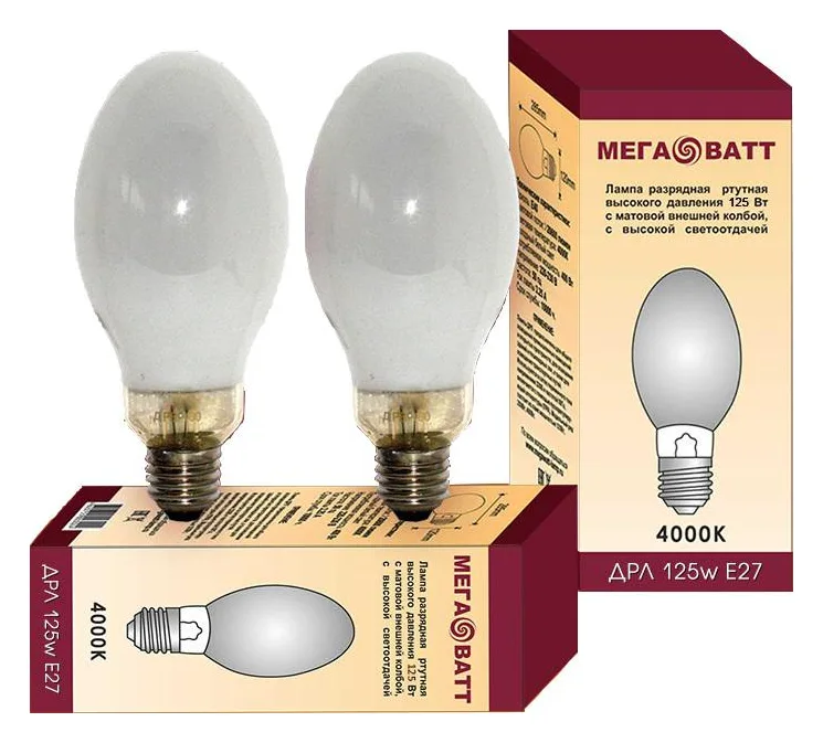 Лампа газоразрядная ртутная ДРЛ 125 E27 4000К (25) МЕГАВАТТ 03007