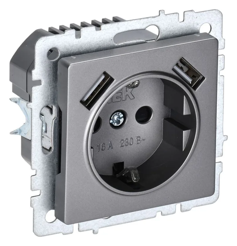Розетка BRITE РЮш10-1-БрС 16А с USB A+A 2.1А с заземл. защ. шторки механизм сталь IEK BR-R14-16-U21-D21-K46