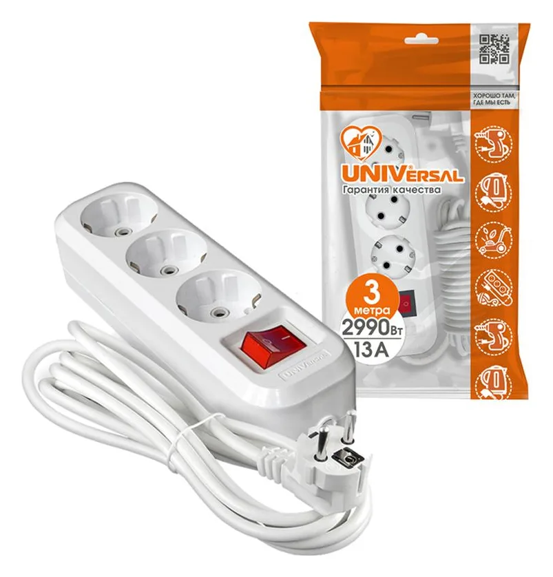 Удлинитель 3х3м с заземл. 13А IP20 S-303 ПВС 3х1 с выкл. UNIVersal 9631986