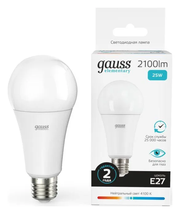 Лампа светодиодная Elementary 25Вт A70 грушевидная 4100К нейтр. бел. E27 2100лм GAUSS 73225