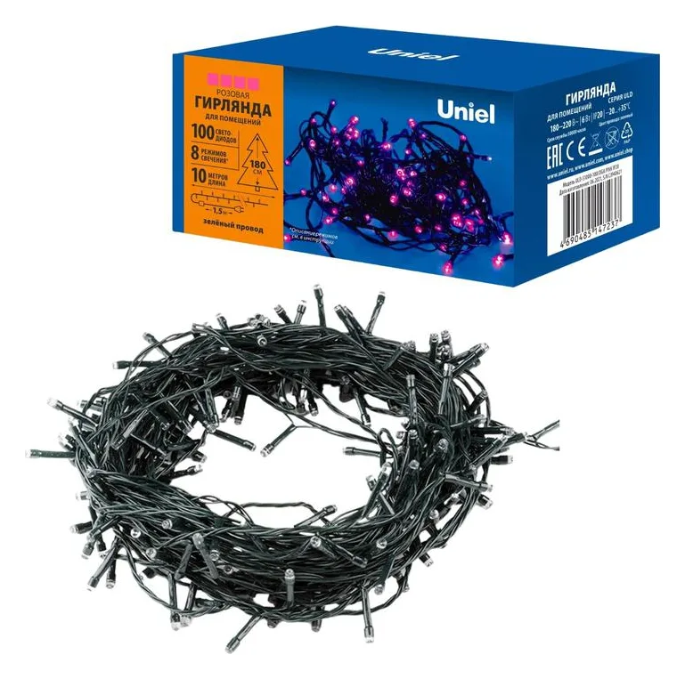 Гирлянда светодиодная ULD-S1000-100/DGA PINK IP20 10м 100 LED роз. свет провод зел. Uniel UL-00008406
